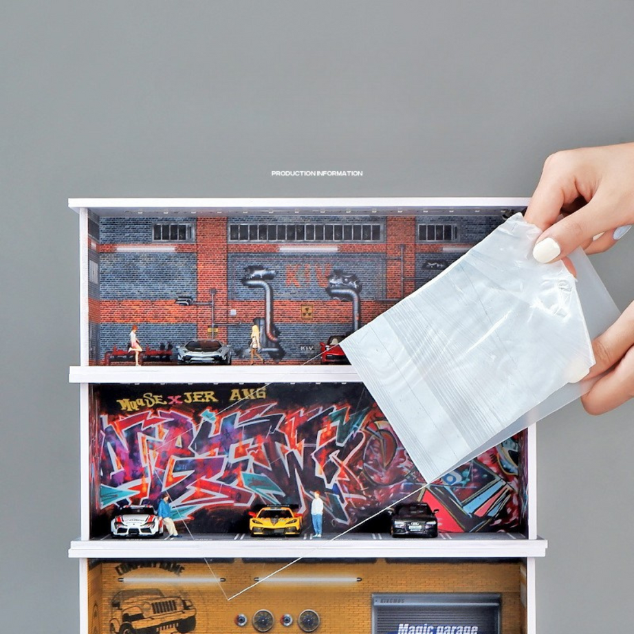 1:64 Parking Garage Model – Miniature PVC Assembly Display Lot with LED Lights for Diecast Cars (Tomica, TLV, Hot Wheels, Mini GT)