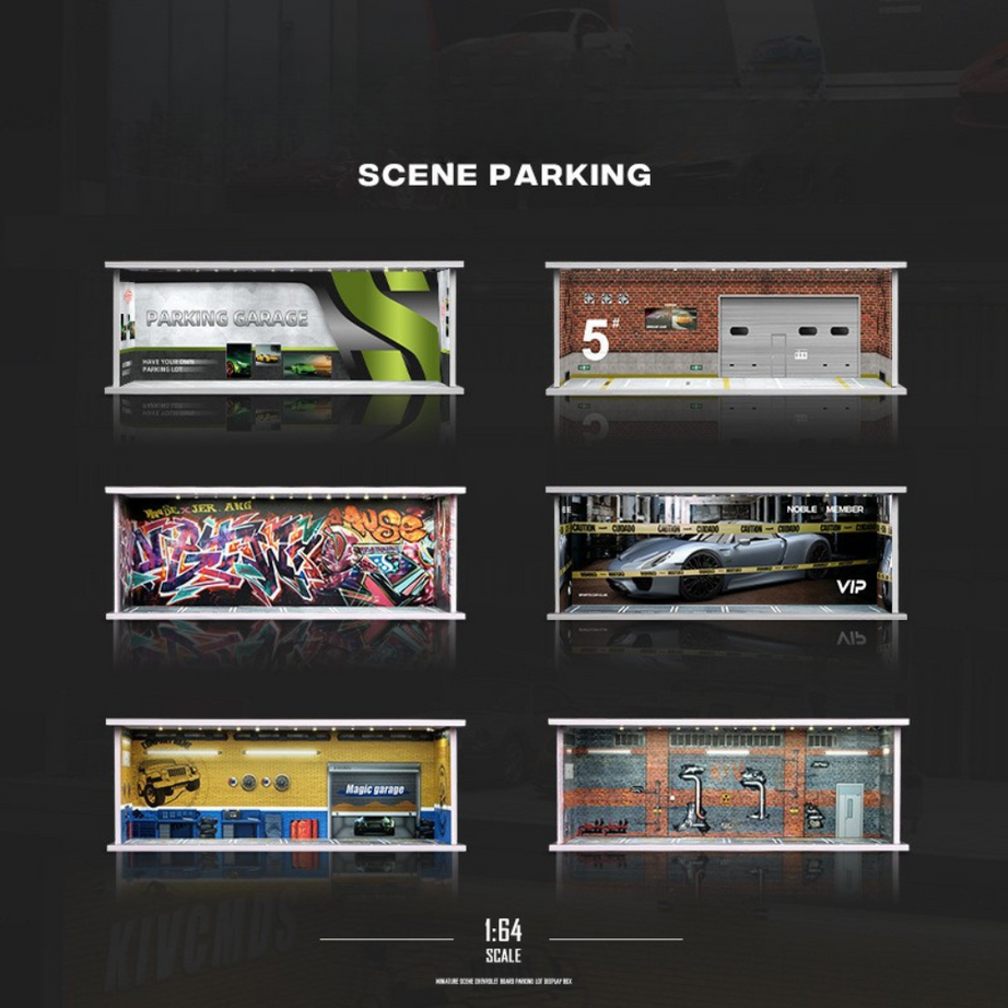 1:64 Parking Garage Model – Miniature PVC Assembly Display Lot with LED Lights for Diecast Cars (Tomica, TLV, Hot Wheels, Mini GT)