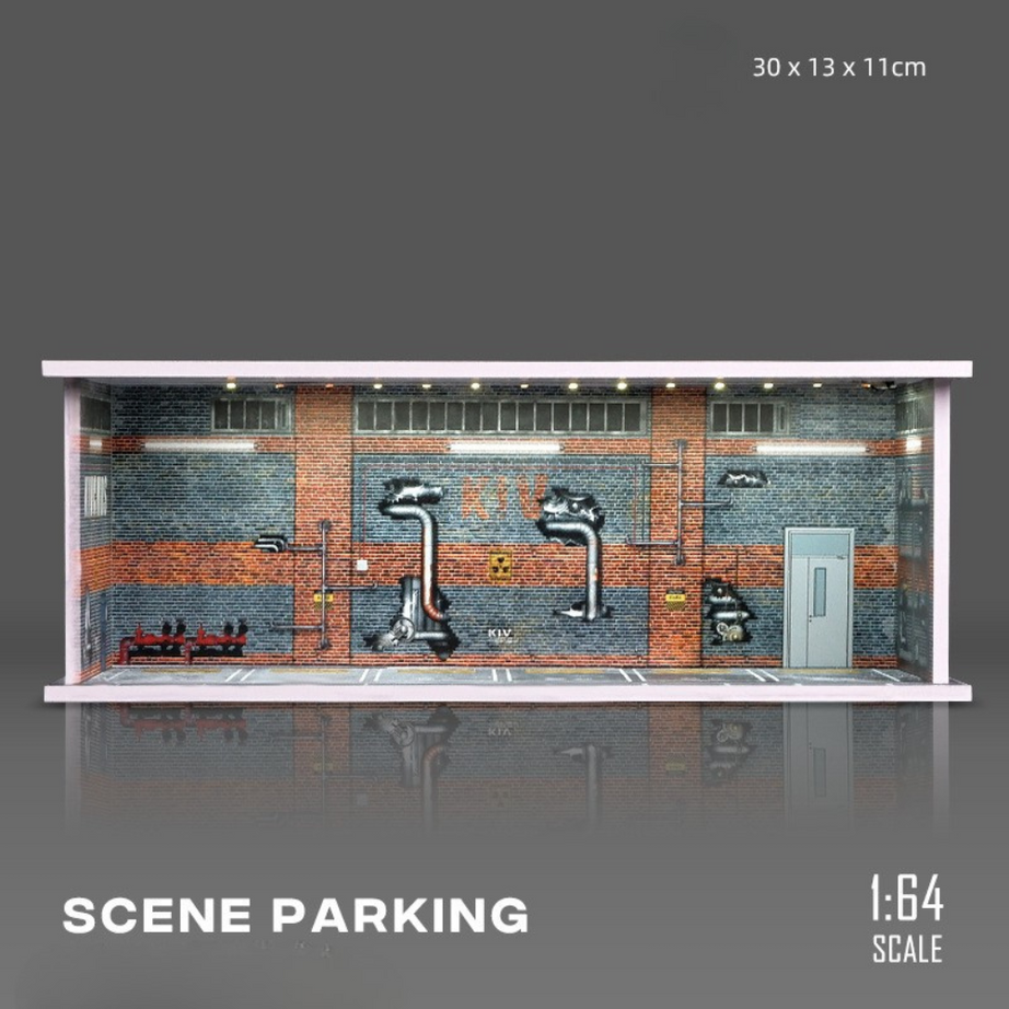 1:64 Parking Garage Model – Miniature PVC Assembly Display Lot with LED Lights for Diecast Cars (Tomica, TLV, Hot Wheels, Mini GT)