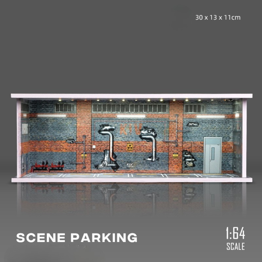 1:64 Parking Garage Model – Miniature PVC Assembly Display Lot with LED Lights for Diecast Cars (Tomica, TLV, Hot Wheels, Mini GT)