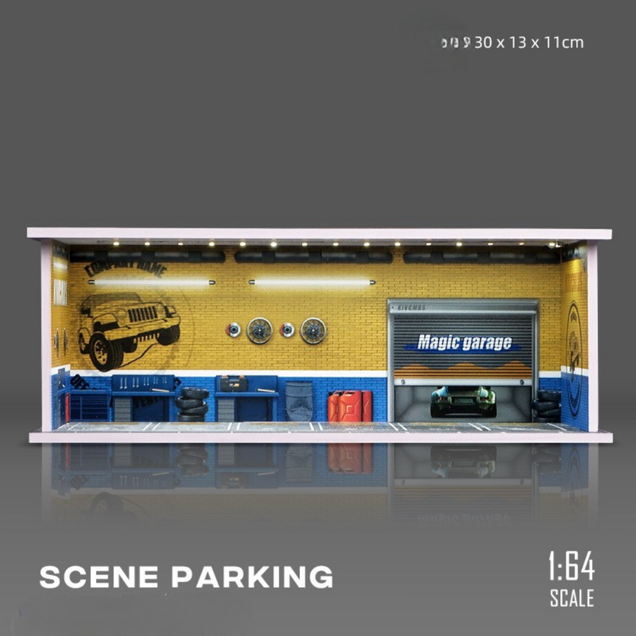 1:64 Parking Garage Model – Miniature PVC Assembly Display Lot with LED Lights for Diecast Cars (Tomica, TLV, Hot Wheels, Mini GT)