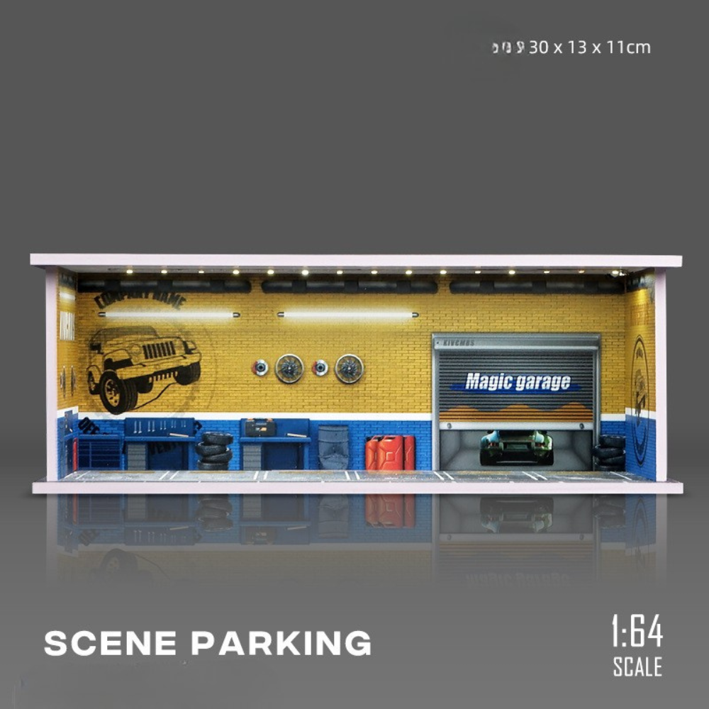 1:64 Parking Garage Model – Miniature PVC Assembly Display Lot with LED Lights for Diecast Cars (Tomica, TLV, Hot Wheels, Mini GT)